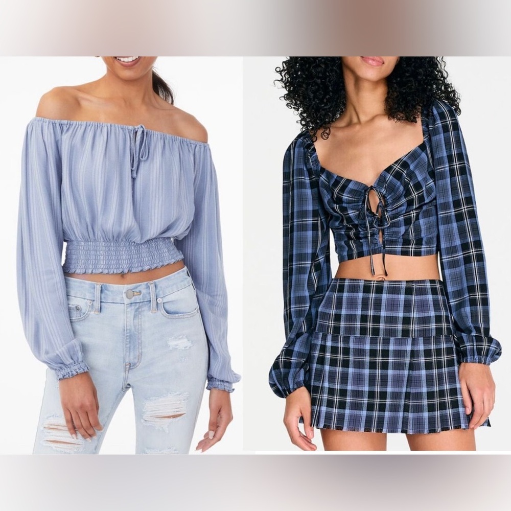 Aeropostale Womens Long Sleeve Crop Top Bundle (2) S/M Plaid Cottagecore Preppy